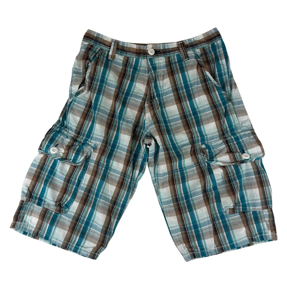 SilverTab Cargo Shorts Mens 30 Teal Brown Plaid Cotton Utility Pockets